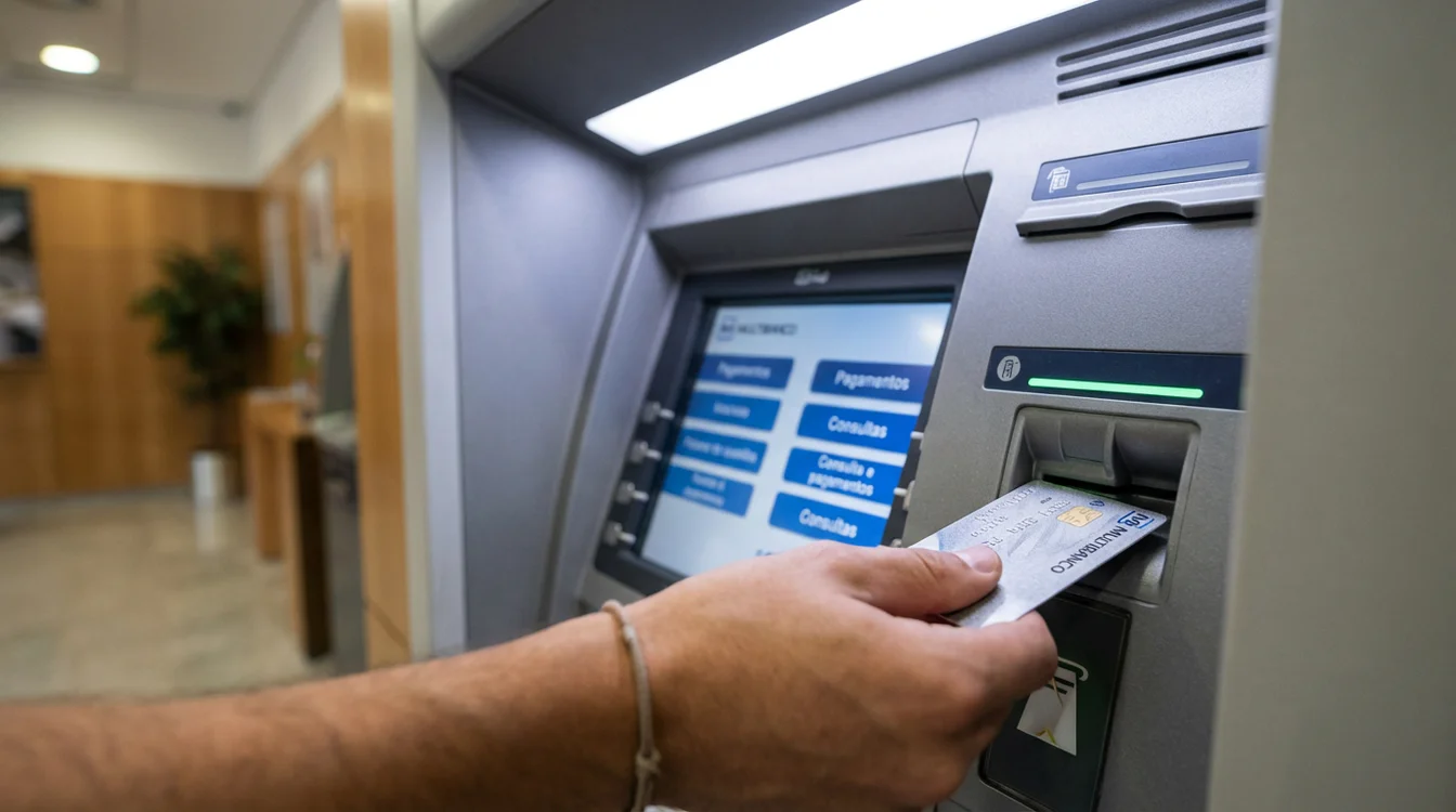 Pessoa a inserir cartão bancário numa caixa Multibanco para efectuar pagamento
