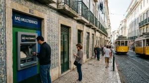 Caixa automática Multibanco numa rua portuguesa com pessoa a efectuar operação