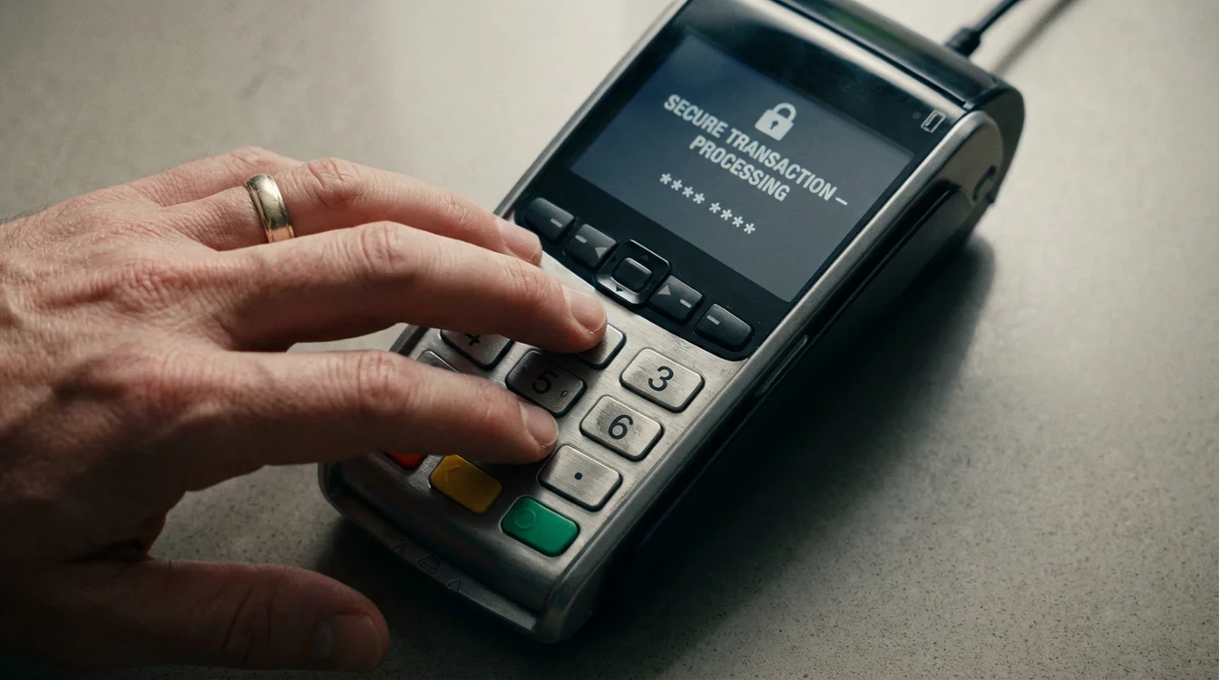 Mão a introduzir código PIN num terminal de pagamento de forma segura
