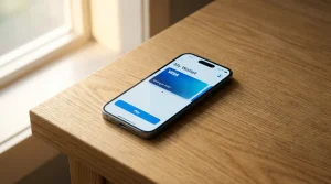 Smartphone com aplicação de pagamentos digitais aberta numa mesa de madeira