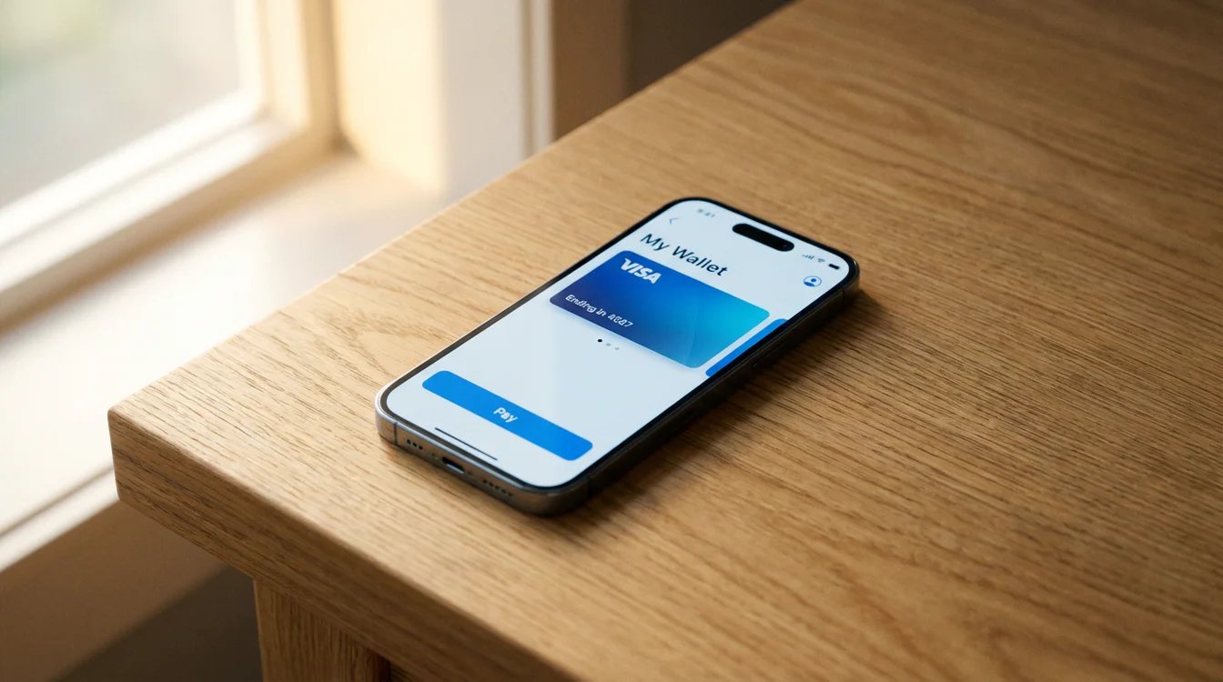Smartphone com aplicação de pagamentos digitais aberta numa mesa de madeira