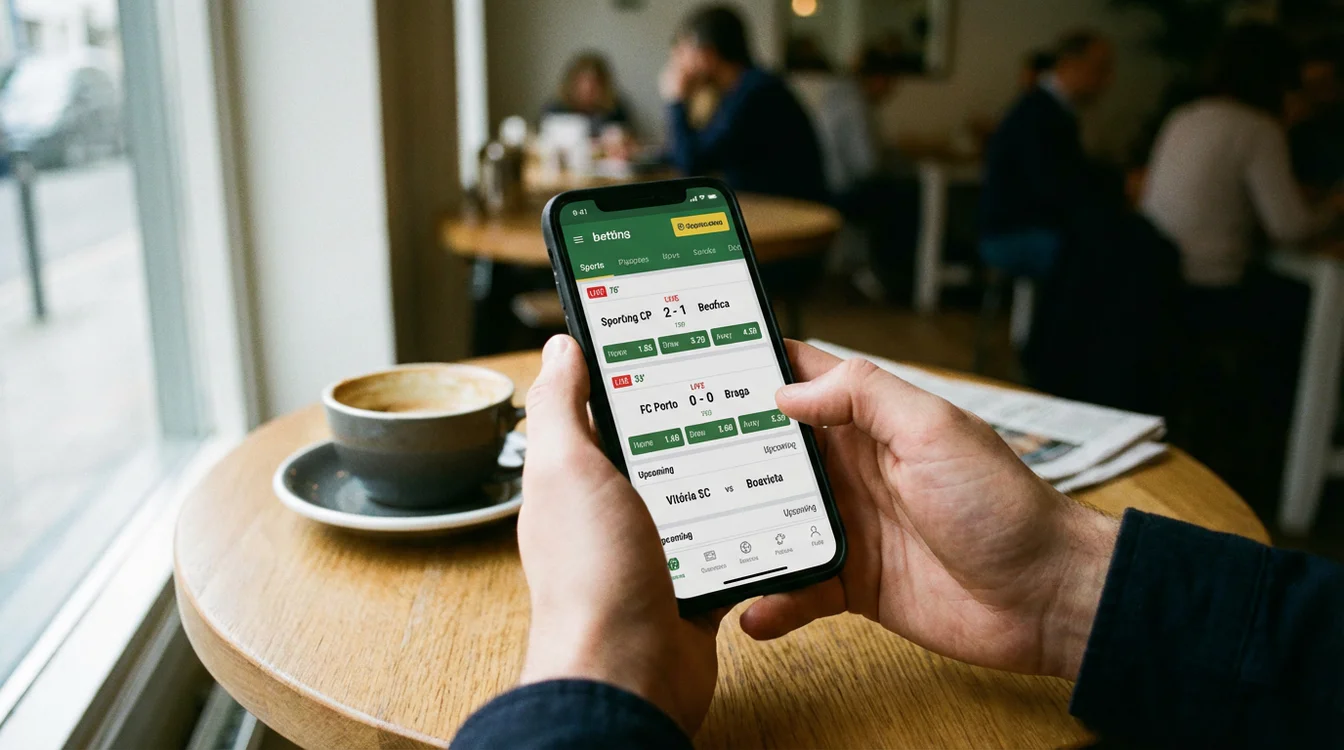 Mãos a segurar um smartphone com uma aplicação de apostas desportivas mostrando jogos de futebol
