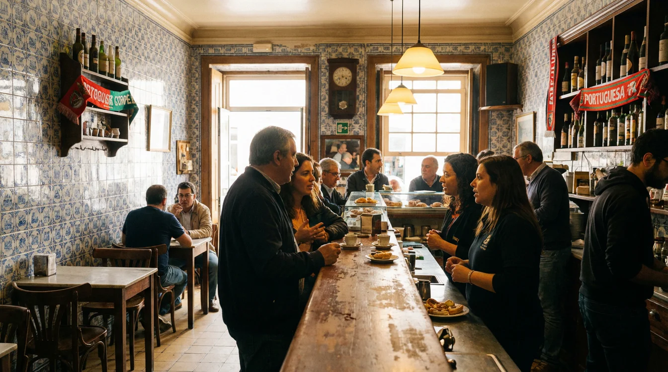 Café português tradicional com clientes a conversar animadamente junto ao balcão