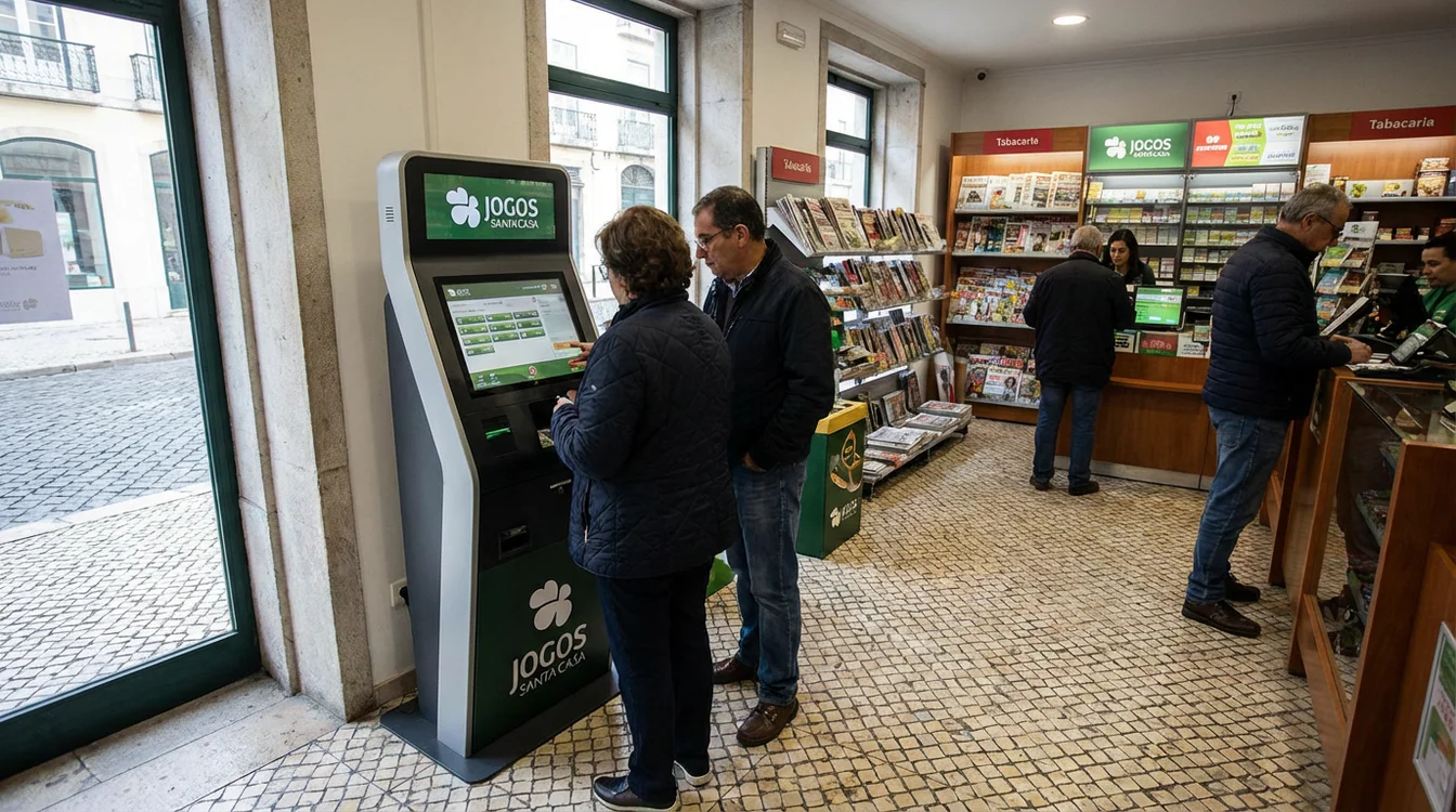 Interior de um estabelecimento comercial português com terminal de apostas e clientes