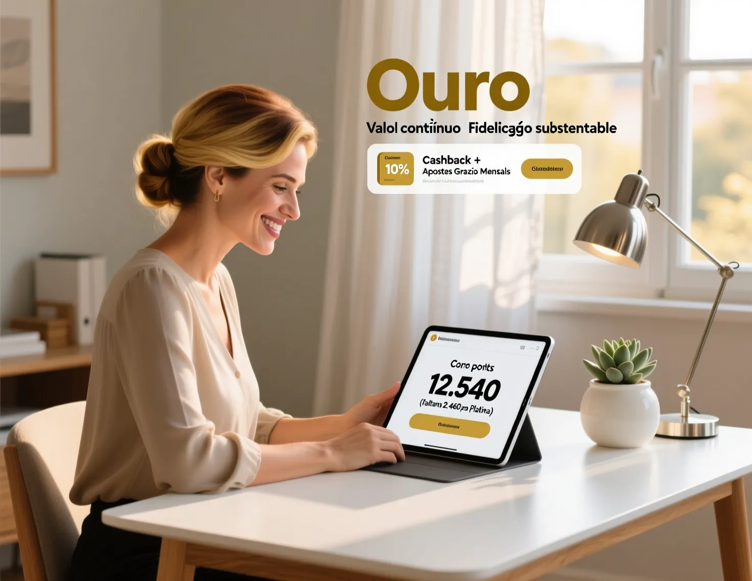 Mulher profissional a consultar programa de fidelidade no tablet