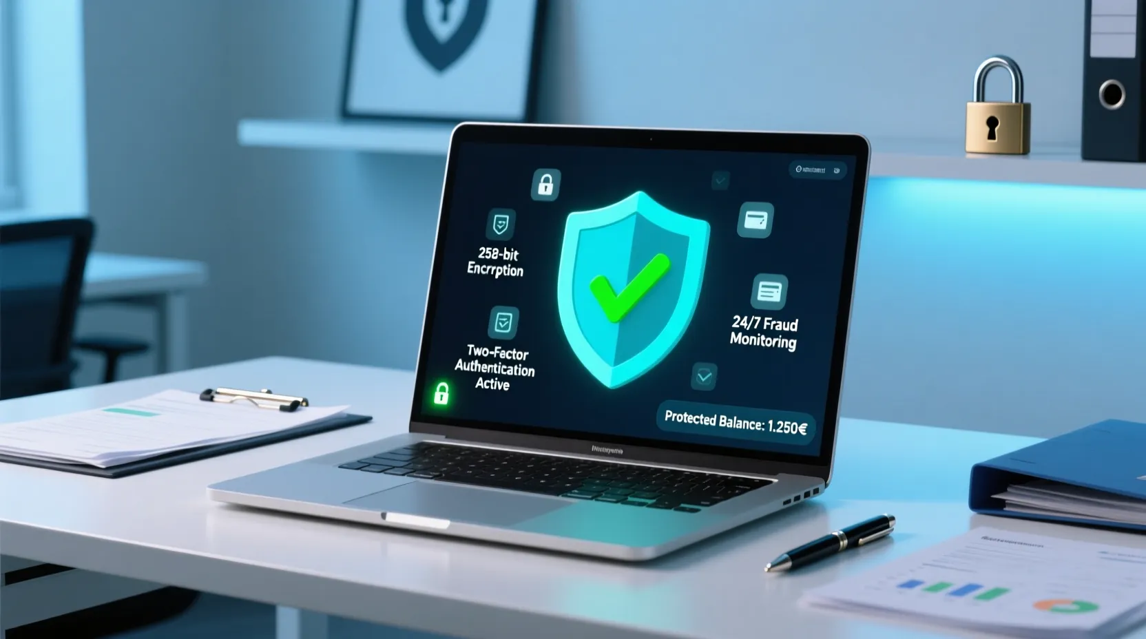 Ecrã de computador portátil a mostrar ícone de escudo de segurança para pagamentos