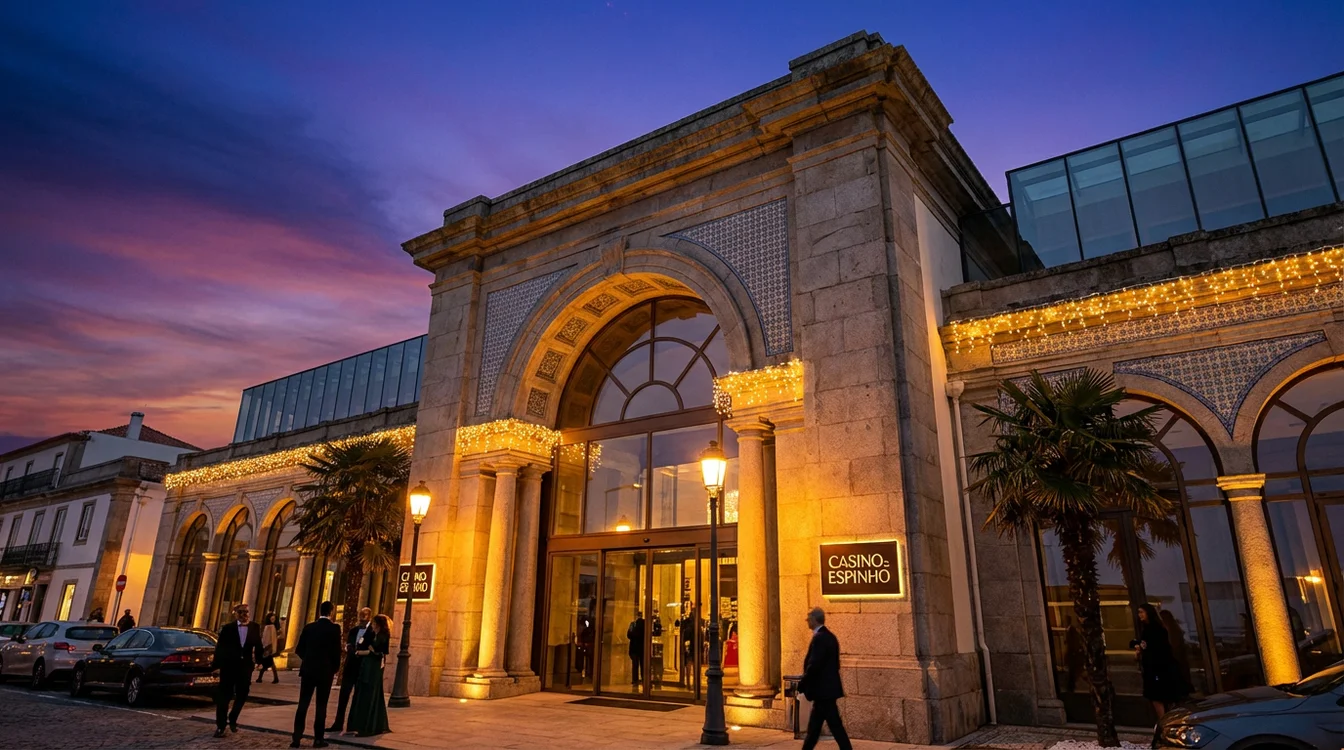 Fachada do Casino de Espinho ao entardecer com iluminação elegante