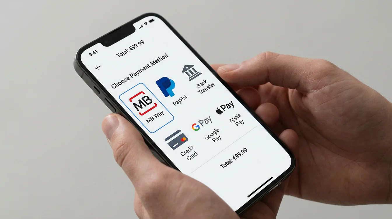 Smartphone a mostrar diversas opções de pagamento digital numa interface limpa