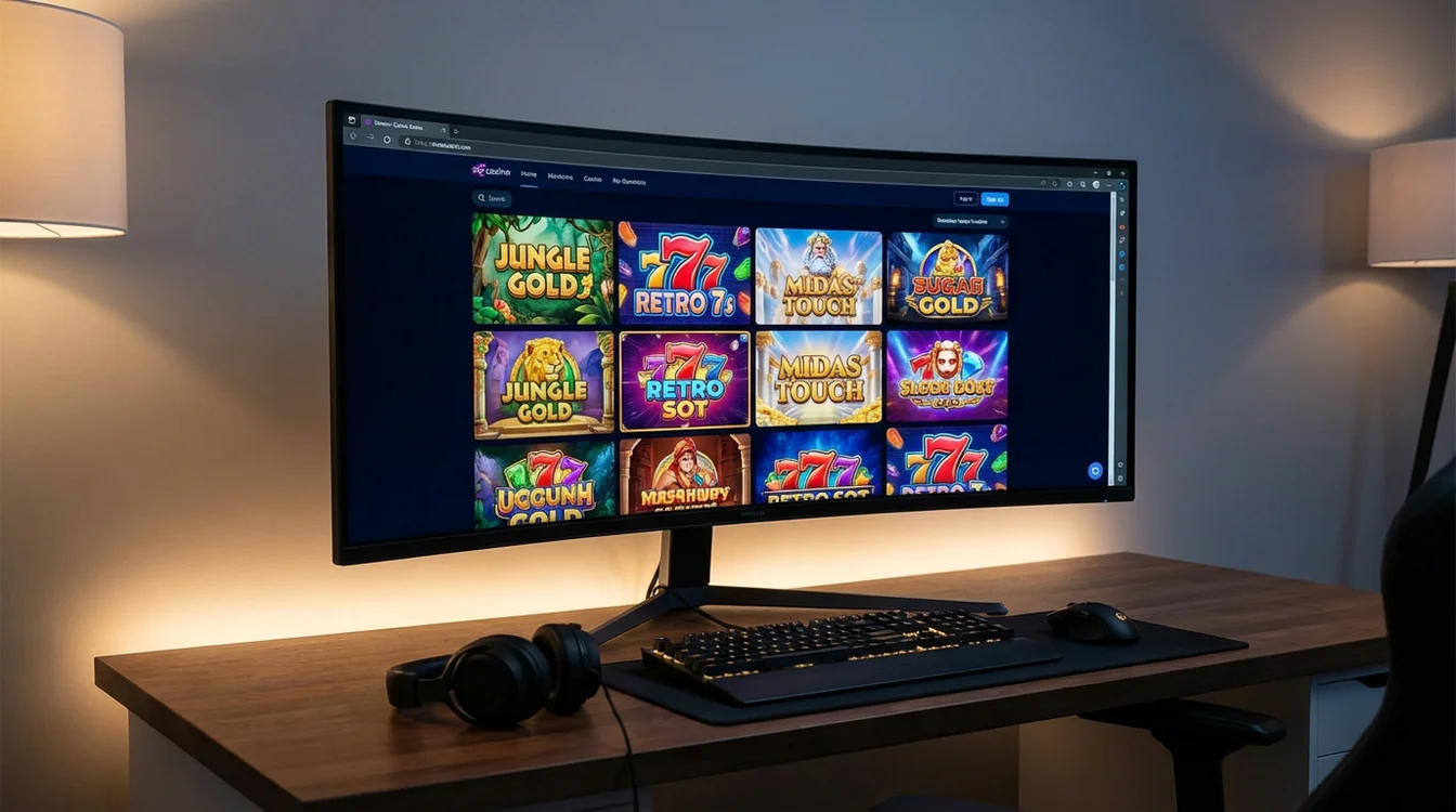 Ecrã de computador a mostrar uma interface de casino online com slots coloridas