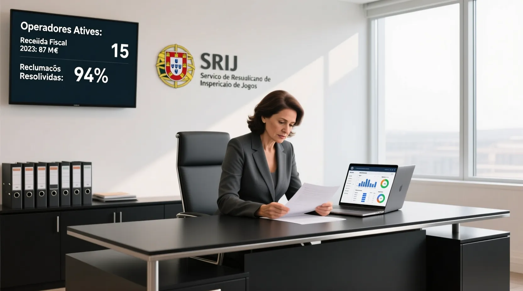 Escritório do SRIJ com profissional a analisar documentos de regulamentação