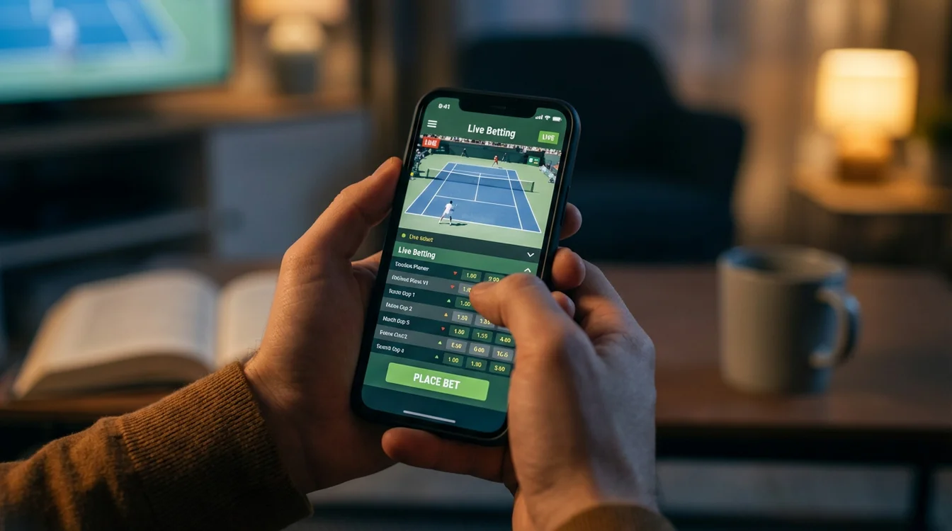Pessoa a assistir a um jogo de ténis num smartphone enquanto faz apostas ao vivo