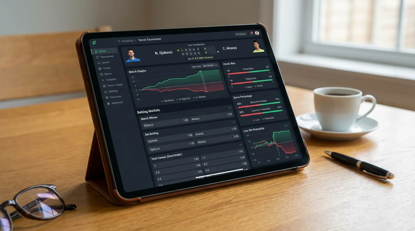 Tablet mostrando estatísticas de ténis e odds de apostas para um torneio