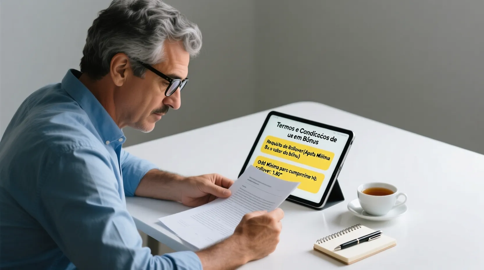 Pessoa a ler atentamente termos e condições no tablet