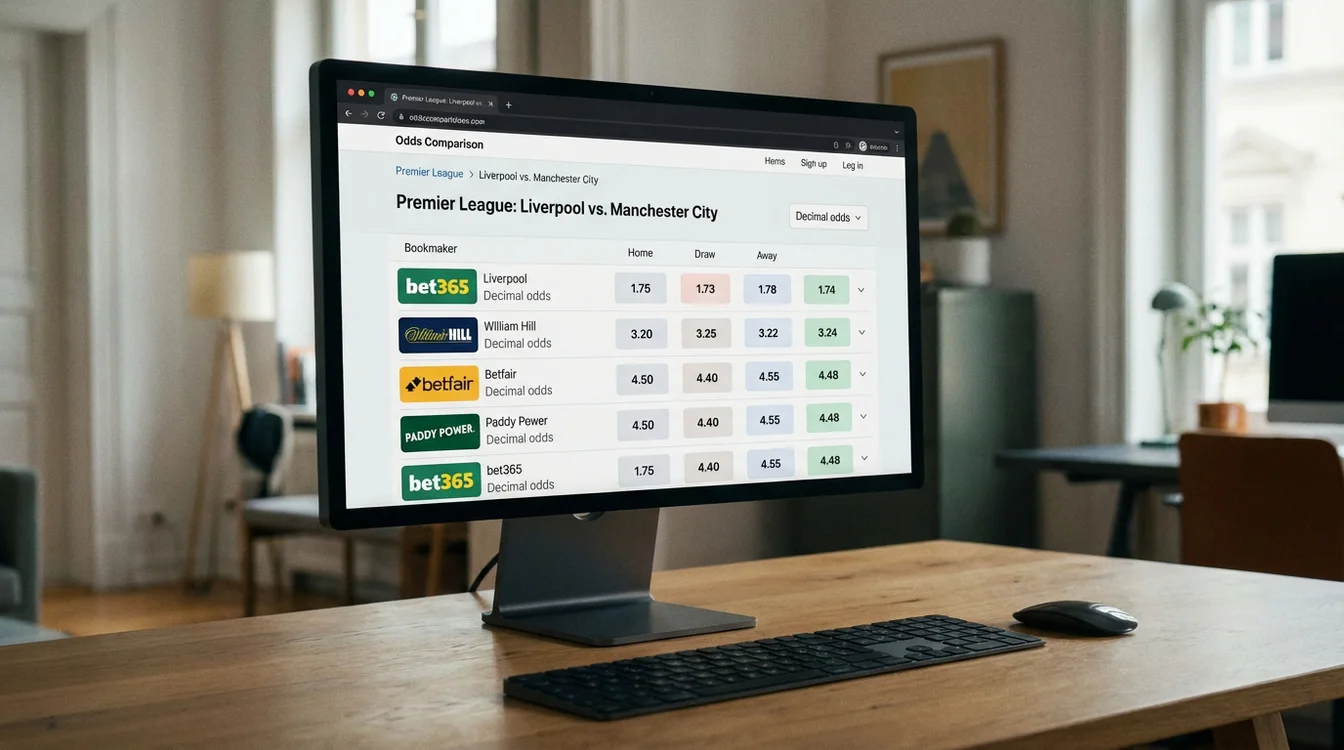 Ecrã de computador mostrando comparação de odds entre diferentes casas de apostas