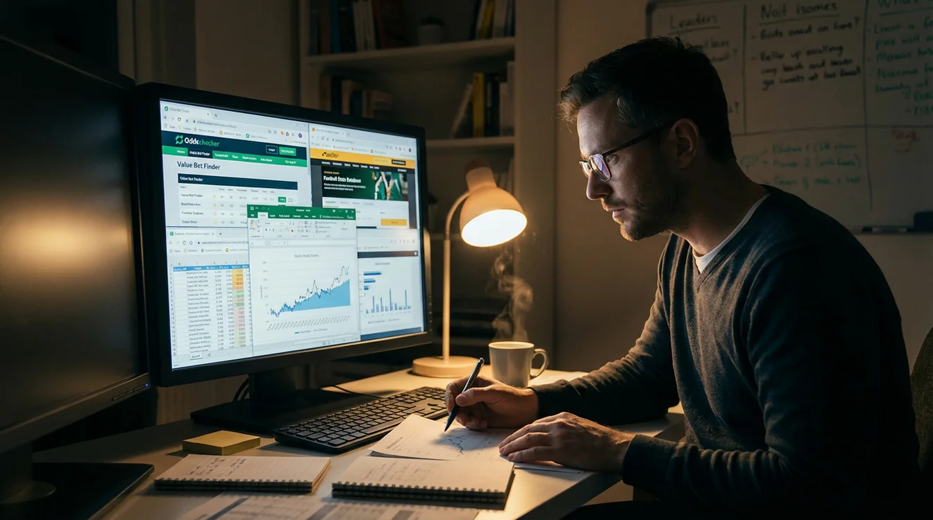 Pessoa a analisar odds e estatísticas num computador para identificar apostas de valor